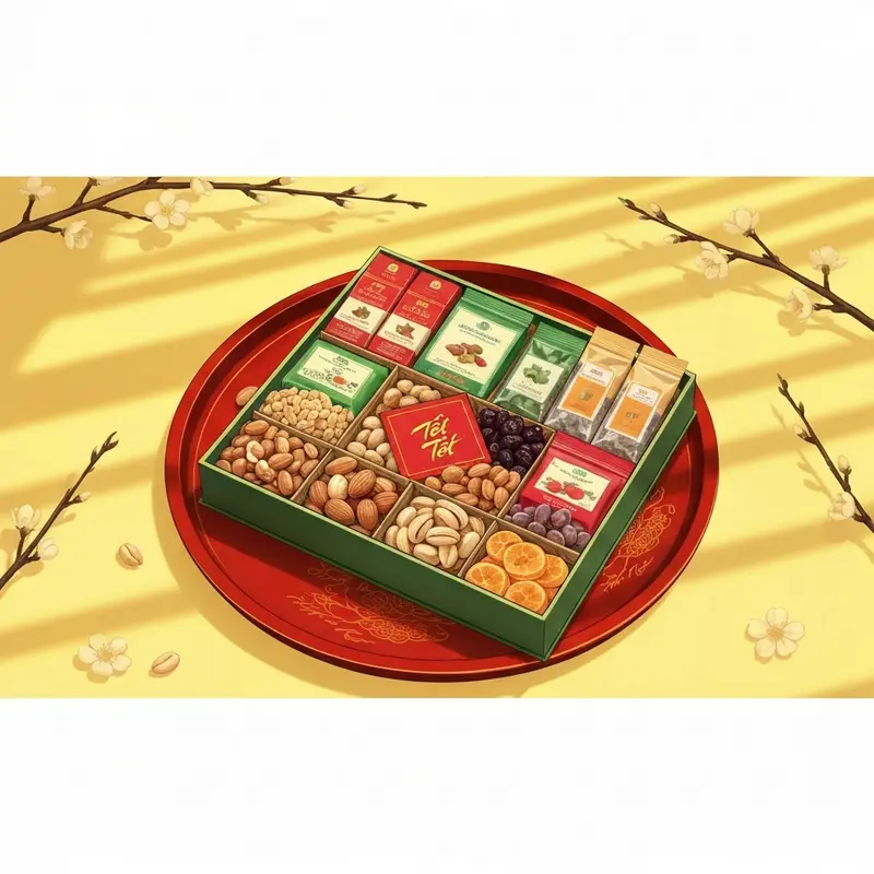 Hộp quà Tết healthy với các loại hạt dinh dưỡng, trà thảo mộc và trái cây sấy.
