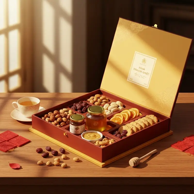 Hộp quà Tết healthy với các sản phẩm dinh dưỡng, tự nhiên.