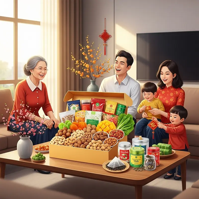 Hộp quà Tết healthy với các loại hạt, trái cây, trà nằm trên bàn và mọi người quây quần bên nhau.