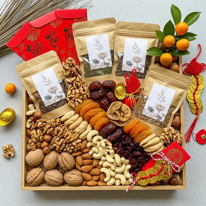 Hộp quà Tết healthy với các thành phần thiên nhiên, tốt cho sức khỏe.