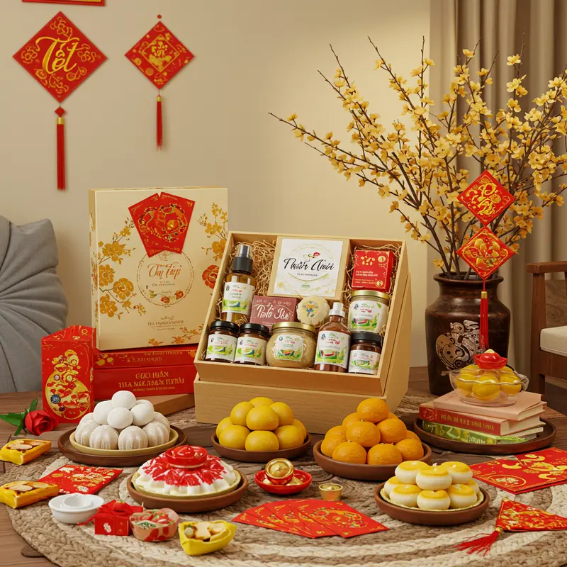 Hộp quà Tết hữu cơ sang trọng, sản phẩm tự nhiên, kèm biểu tượng Tết Việt như bao lì xì, hoa mai.