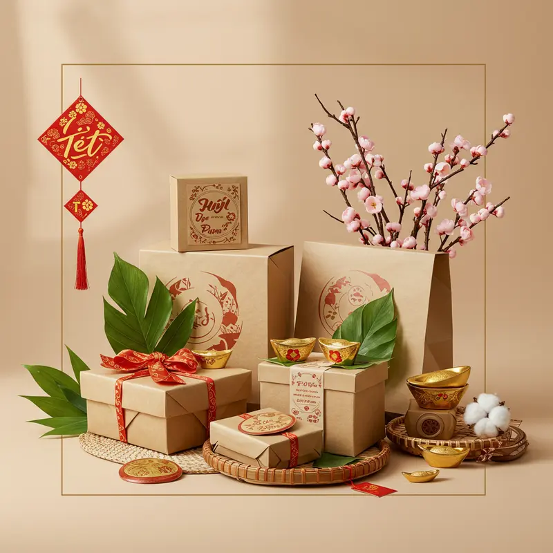 Bộ hộp quà Tết hữu cơ làm từ giấy tái chế, tre, vải cotton, kết hợp dây buộc và lá xanh.