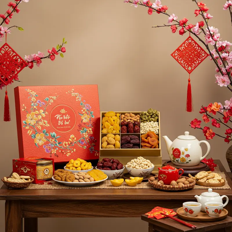 Hộp quà Tết hữu cơ được trưng bày trang trọng trong không gian sum vầy.