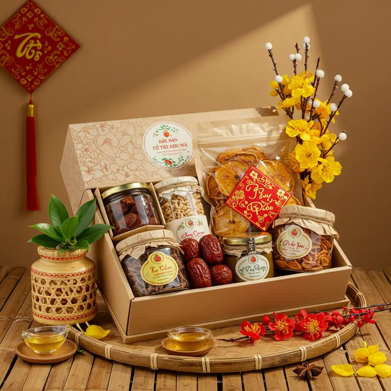 Hộp quà Tết hữu cơ đẹp mắt, bên trong là thực phẩm thiên nhiên, hoa lá truyền thống.