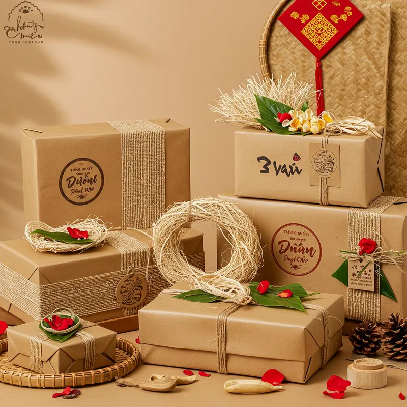 Hộp quà Tết hữu cơ sử dụng giấy kraft, tre và gỗ tái chế được trang trí tự nhiên.