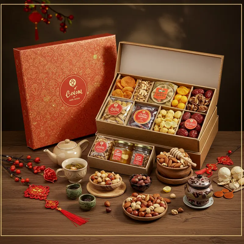 Sản phẩm hữu cơ hấp dẫn trong hộp quà Tết cao cấp, được sắp xếp tinh tế.