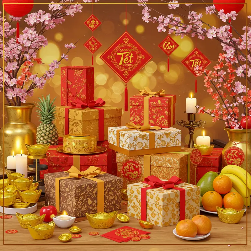Cận cảnh hộp quà Tết sang trọng giữa hoa mai, trái cây và ánh sáng vàng rực rỡ, gợi không khí sum họp ngày Tết.