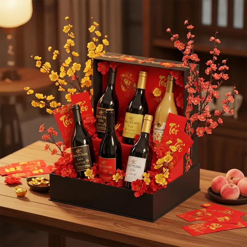 Hộp quà Tết với rượu vang không cồn sang trọng và hoa đào.