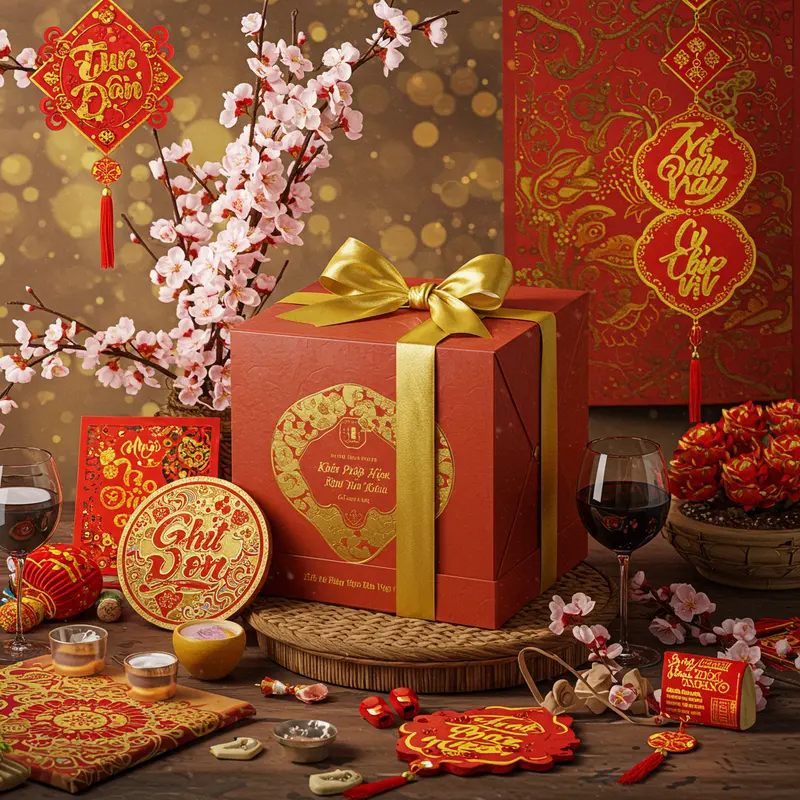 Hộp quà rượu vang Ý nhập khẩu với nơ vàng, hoa mai và trang trí Tết lung linh.