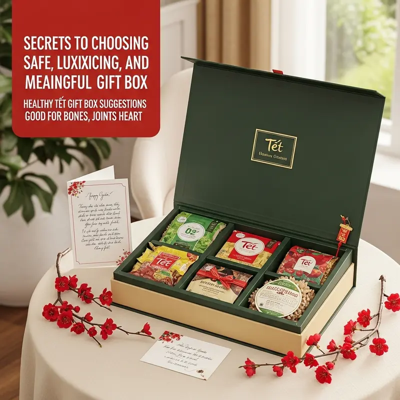 Ông bà vui vẻ bên hộp quà Tết giàu dưỡng chất, tốt cho sức khỏe.