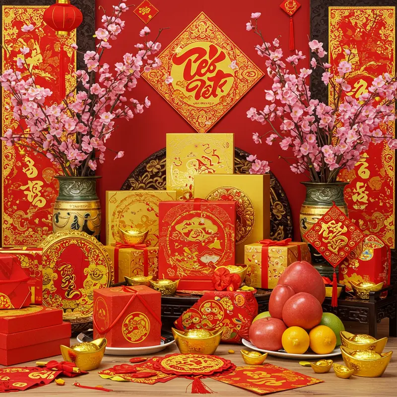 Bàn bày hộp quà Tết thiết kế tinh xảo giữa hoa đào, trái cây ngày Tết, tạo không khí lễ hội và sự sang trọng.