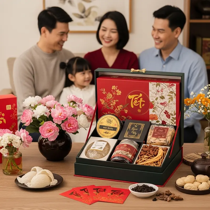 Hộp quà Tết với sản phẩm chăm sóc sức khỏe, hoa tươi và phong bao lì xì trong không gian gia đình ấm áp.