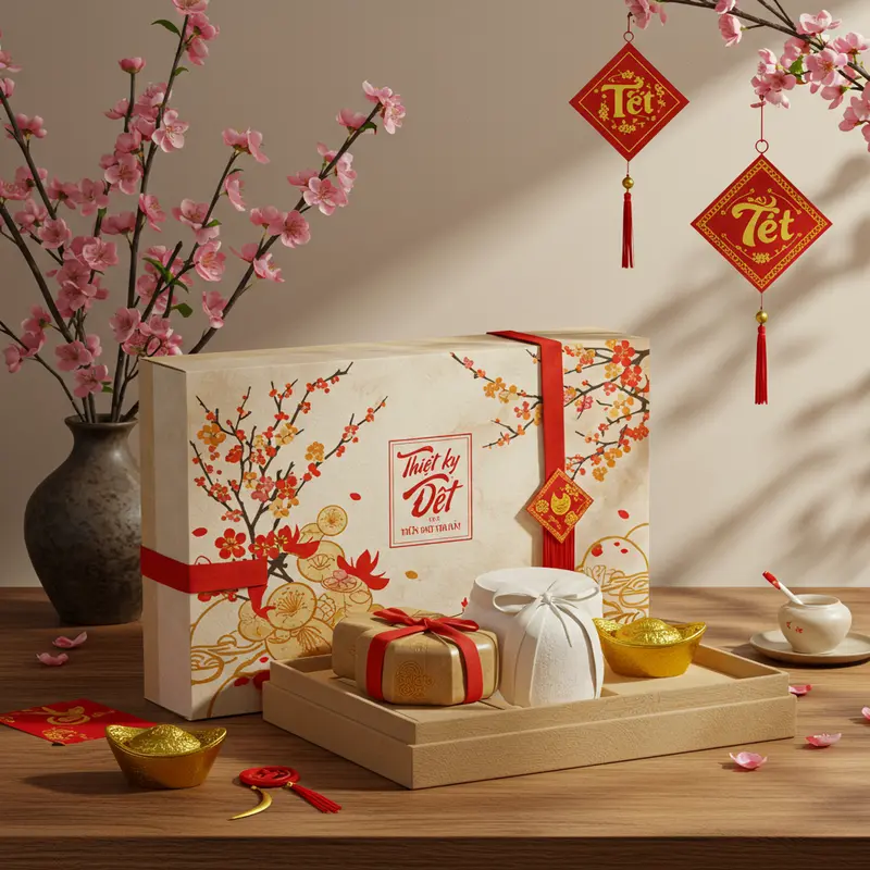 Hộp quà Tết hữu cơ sử dụng giấy kraft, tre và gỗ tái chế được trang trí tự nhiên.