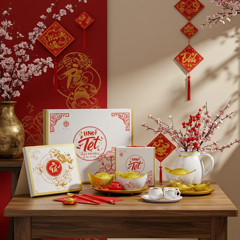 Hộp quà Tết theo phong cách tối giản với sắc màu trắng, vàng, đỏ tinh tế.