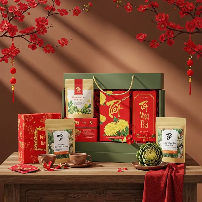 Hộp quà Tết sang trọng với trà hoa cúc và trà Atiso.
