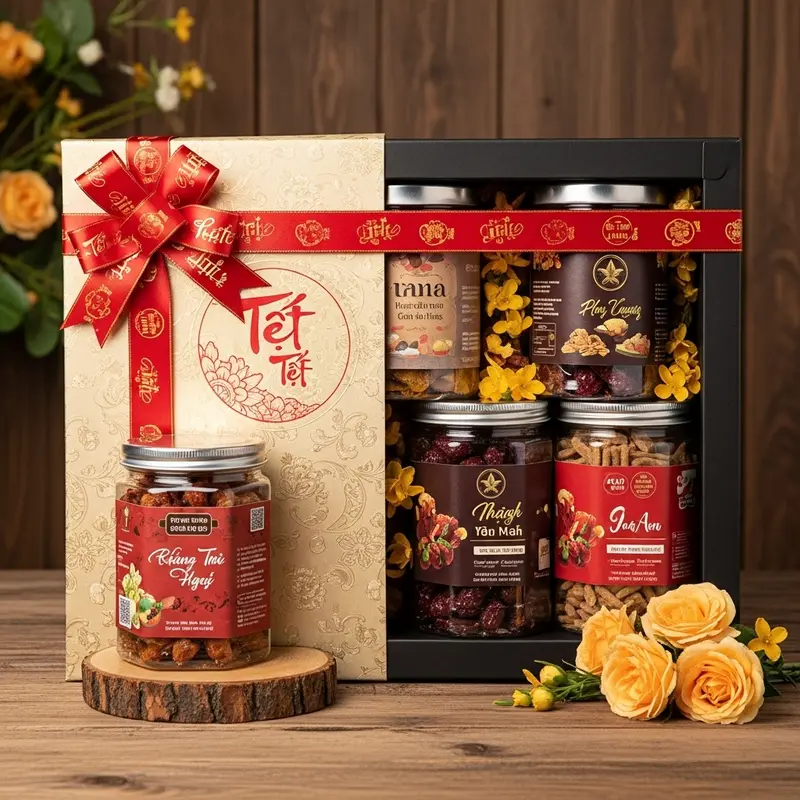 Bàn tiệc ngày Tết với đĩa trái cây sấy dẻo, khô hấp dẫn bên tách trà.