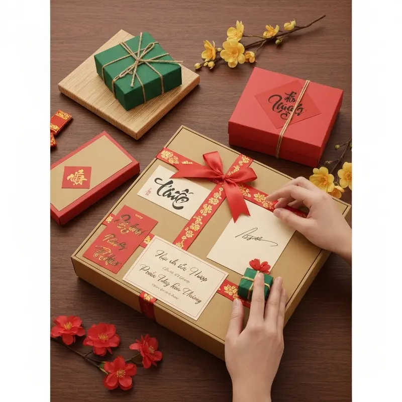 Hộp quà Tết healthy với các loại hạt dinh dưỡng, trà thảo mộc và trái cây sấy.