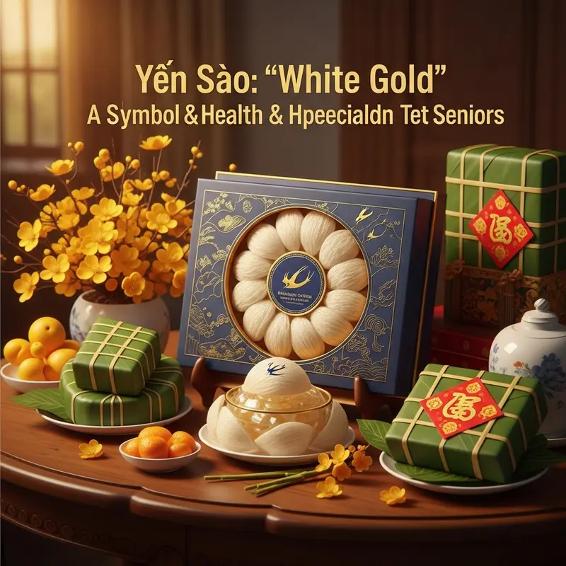 Hộp quà yến sào vị trí trung tâm giữa không gian Tết truyền thống sang trọng.