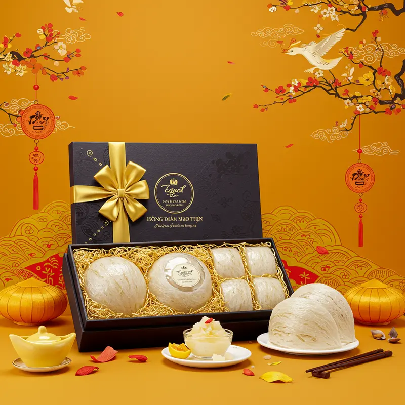 Hộp quà yến sào cao cấp, sắp xếp đẹp mắt với ruy băng vàng, mô tả chi tiết tổ yến tự nhiên.