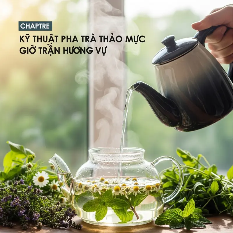 Nhiều loại thảo mộc khô và tươi được bày biện sẵn sàng cho việc pha trà.