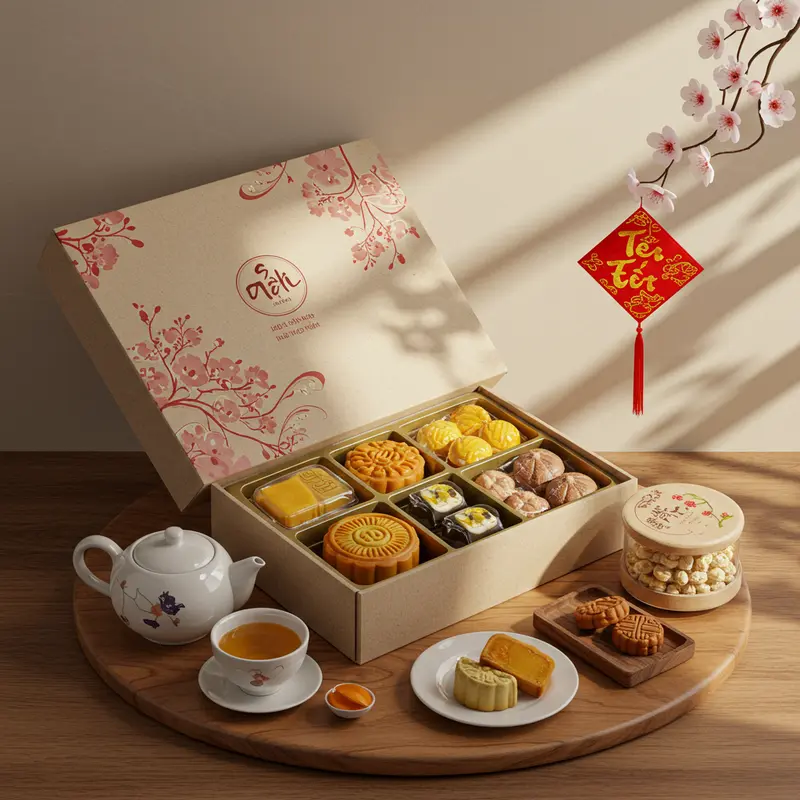 Hộp quà Tết tối giản tinh tế đặt trên bàn làm việc hiện đại của doanh nghiệp.