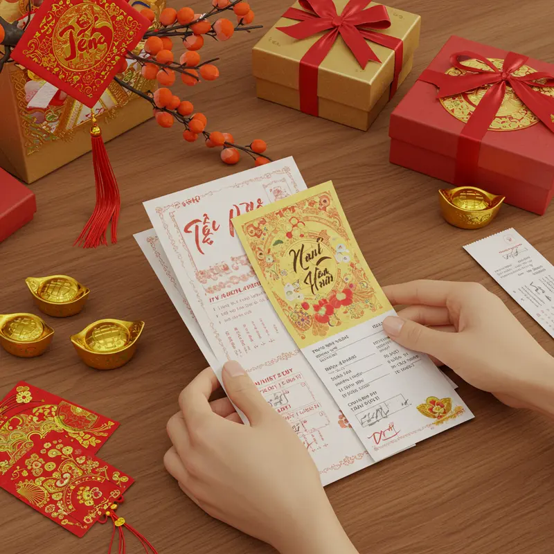 Doanh nghiệp trao quà Tết trong không gian làm việc với tài liệu thuế trên bàn.