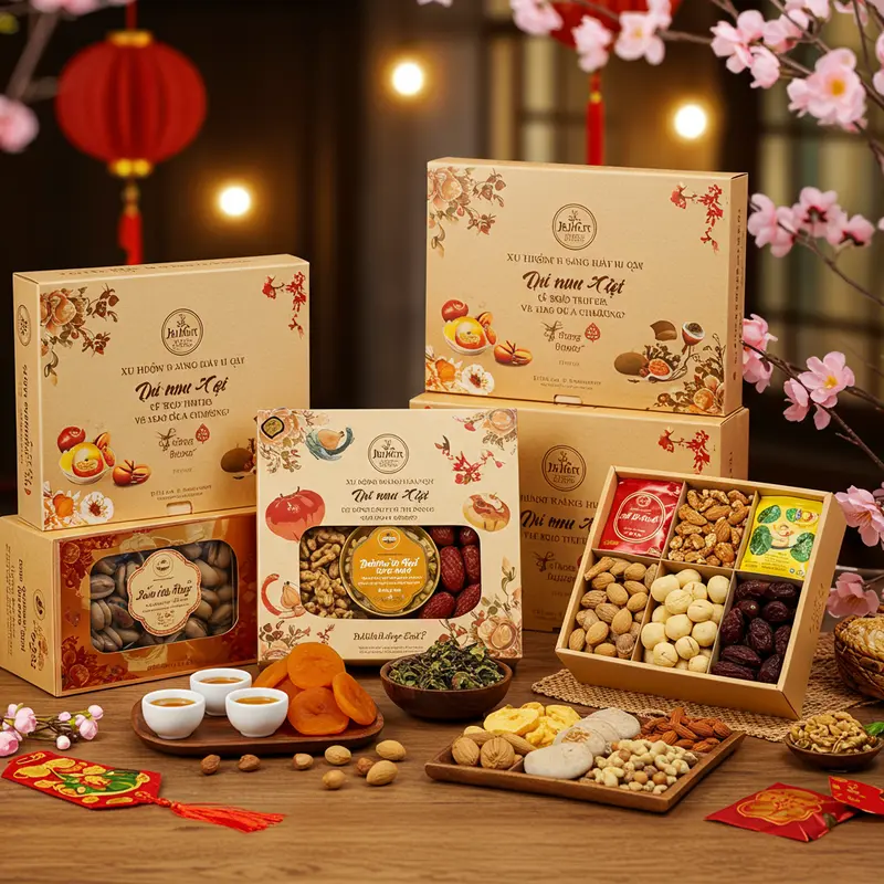 Hộp quà Tết hữu cơ cao cấp sắp xếp trên bàn gỗ, nổi bật với thực phẩm sạch và các loại trà hữu cơ.