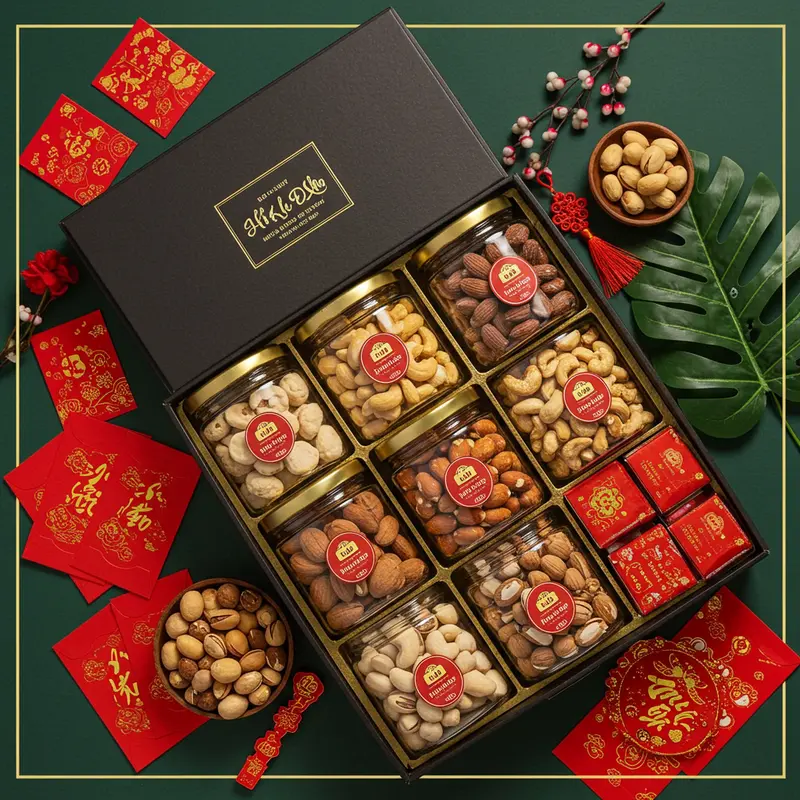 Hộp quà Tết hữu cơ với các loại hạt dinh dưỡng rực rỡ, tràn đầy ý nghĩa.