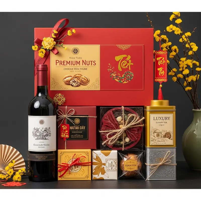 Giỏ quà Tết với các loại hạt dinh dưỡng cao cấp đặt cạnh những phụ kiện trang trí truyền thống.