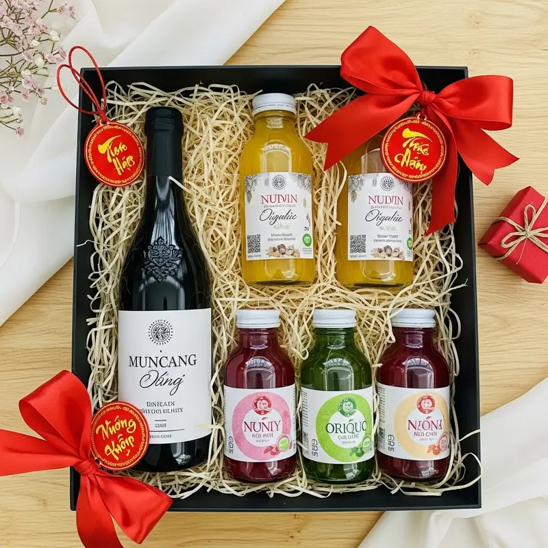 Hộp quà Tết với rượu vang không cồn sang trọng và hoa đào.