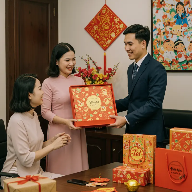 Hộp quà Tết đặc sản Việt Nam với các món truyền thống và trang trí hoa mai, hoa đào.