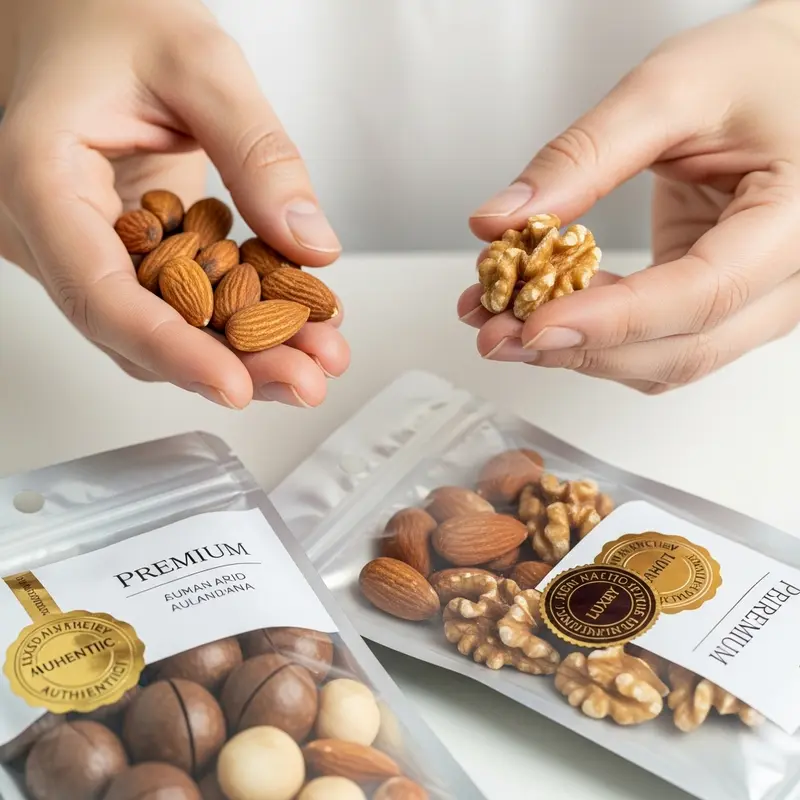 Giỏ quà Tết với các loại hạt dinh dưỡng cao cấp đặt cạnh những phụ kiện trang trí truyền thống.