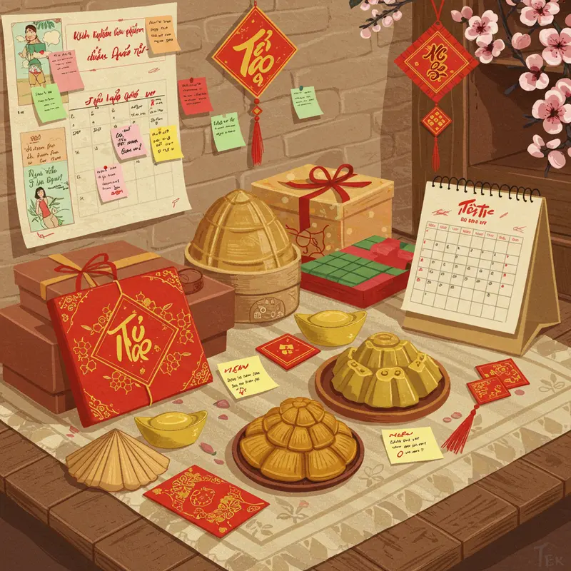 Hộp quà Tết truyền thống bên cạnh bánh mứt, hoa đào và phong bao lì xì.