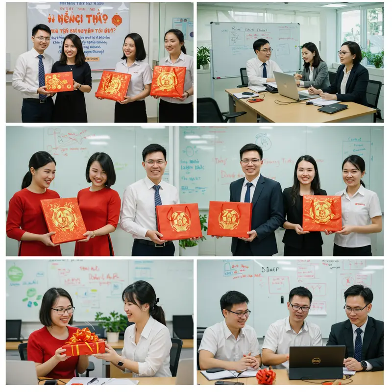 Nhân viên nhận quà Tết trong văn phòng trang trí rực rỡ không khí xuân.