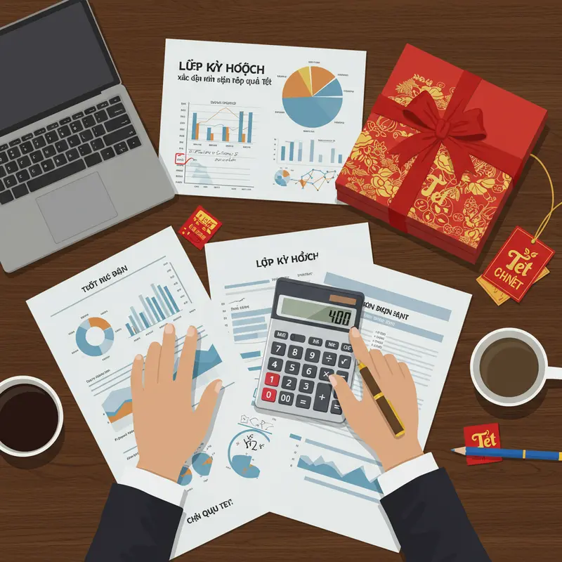 Hộp quà Tết sang trọng, kết hợp hoa đào và phụ kiện truyền thống ngày Tết.