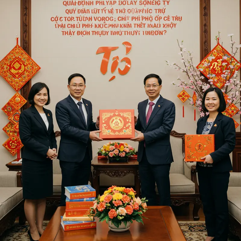 Doanh nghiệp trao quà Tết trong không gian làm việc với tài liệu thuế trên bàn.