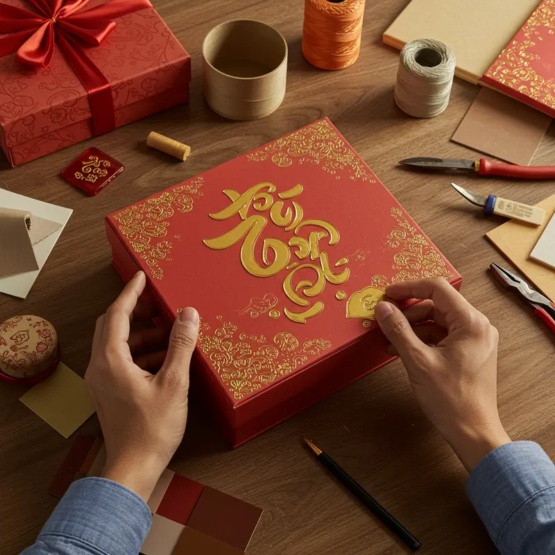 Hộp quà Tết sang trọng nổi bật với logo thương hiệu in nổi tinh tế.