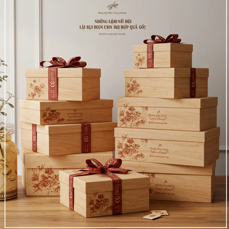 Hộp quà Tết bằng gỗ sang trọng, nổi bật trên bàn tiệc ngày Tết Việt.