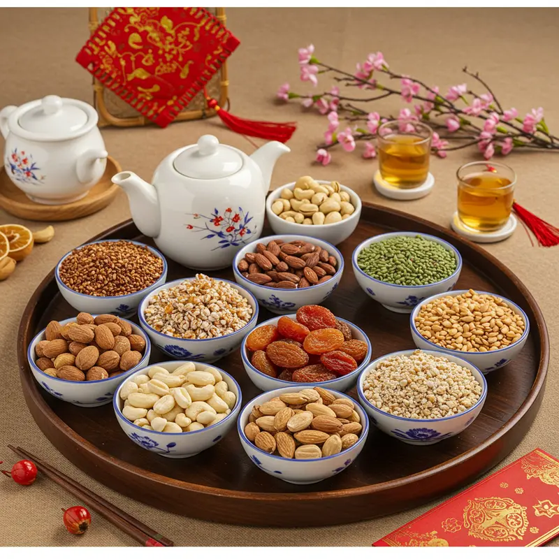 Giỏ quà Tết hữu cơ bày trí sang trọng với các sản phẩm tự nhiên, giàu dinh dưỡng.