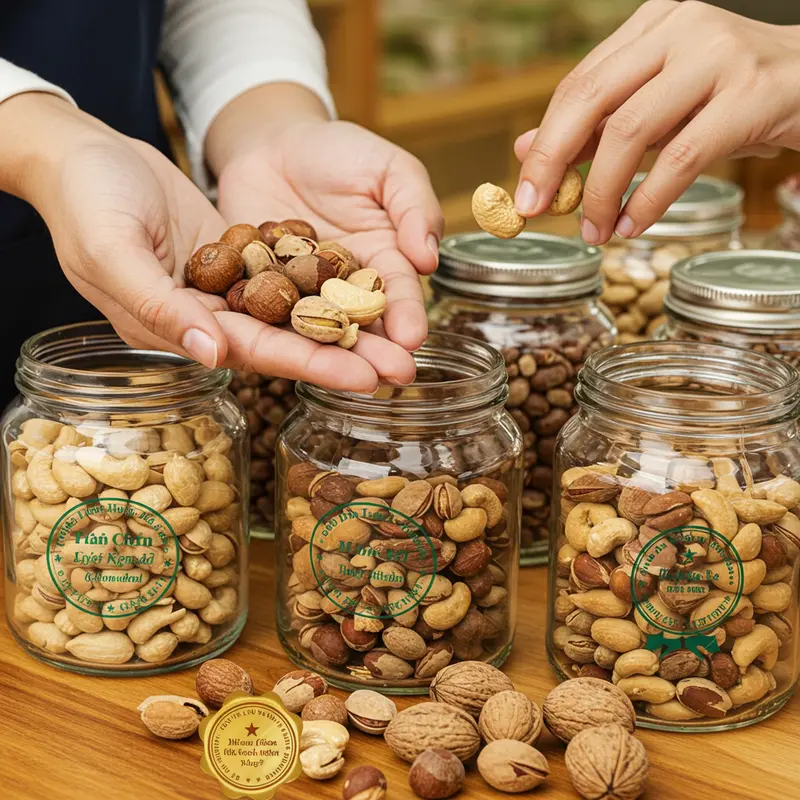 Hộp quà Tết hữu cơ với các loại hạt dinh dưỡng rực rỡ, tràn đầy ý nghĩa.