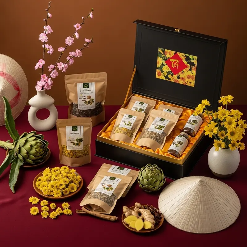 Hộp quà Tết sang trọng với trà hoa cúc và trà Atiso.