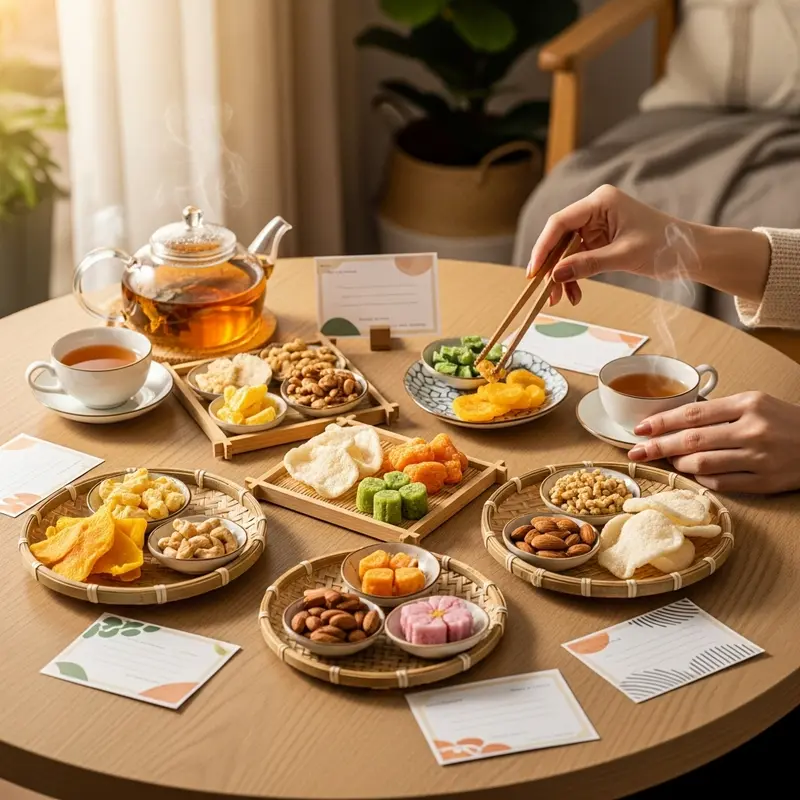 Mâm bánh kẹo healthy đa sắc vị, kết hợp hạt, trái cây sấy, bánh yến mạch cho ngày Tết.