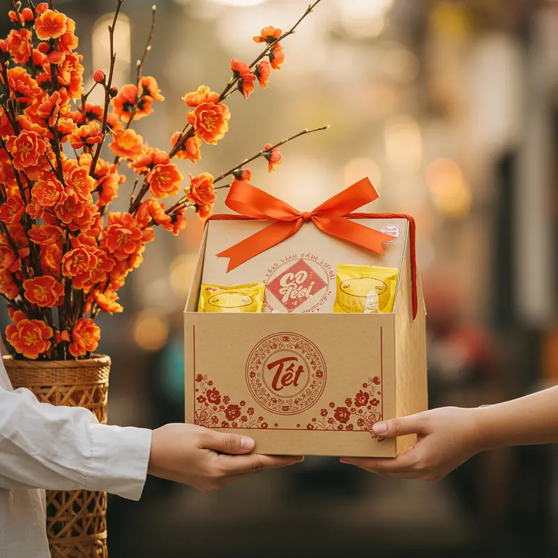 Không gian Tết ấm cúng với hộp quà hữu cơ tự làm chứa đầy trái cây, bánh kẹo và vật liệu tự nhiên.