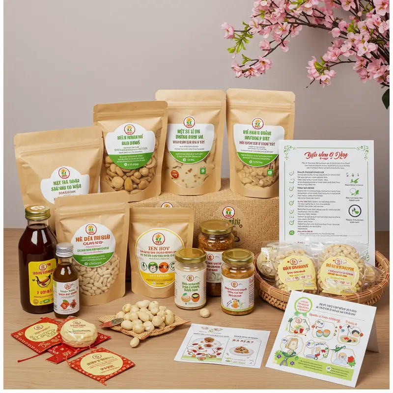 Sản phẩm hữu cơ hấp dẫn trong hộp quà Tết cao cấp, được sắp xếp tinh tế.