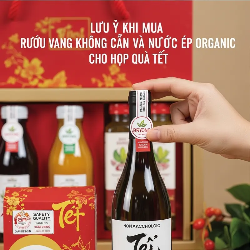 Hộp quà Tết với rượu vang không cồn sang trọng và hoa đào.