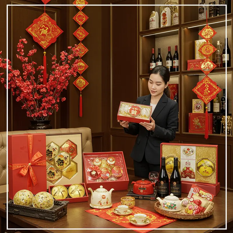 Bộ quà Tết sang trọng với rượu vang, yến sào và trà thượng hạng tôn vinh giá trị đối tác.