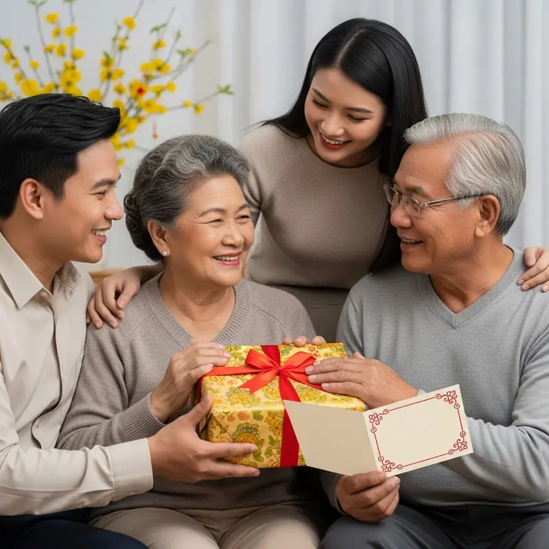 Bố mẹ hạnh phúc khi nhận hộp quà Tết sức khỏe từ con cháu.