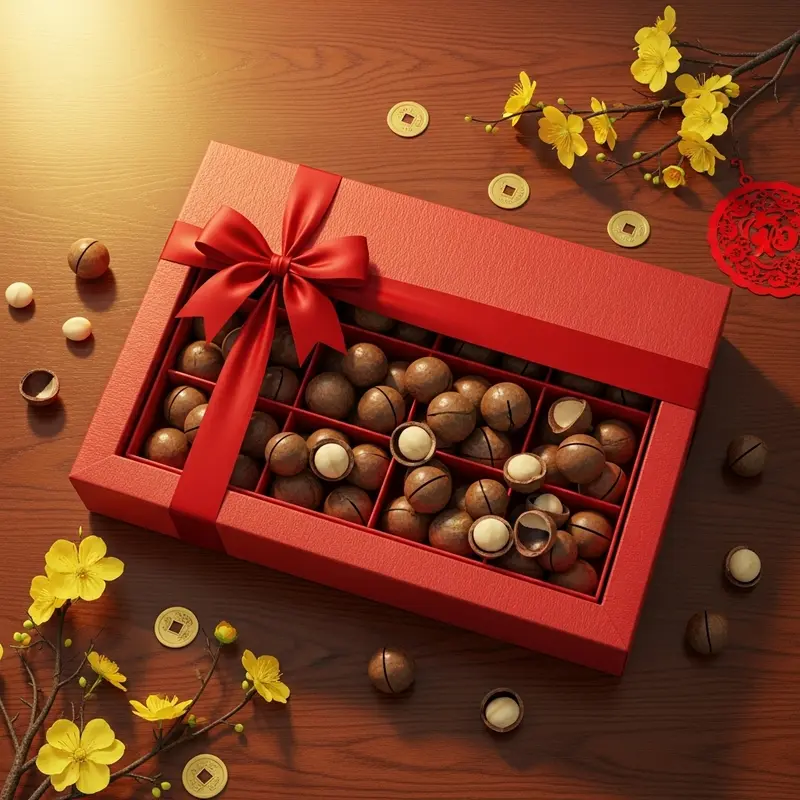 Quả macca tươi trên cành, nền khu vườn xanh tốt, mô tả nguồn gốc tự nhiên của hạt macca.