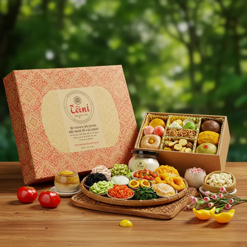 Hộp quà Tết cao cấp với sản phẩm hữu cơ bên trong, trang trí sang trọng trên bàn gỗ.