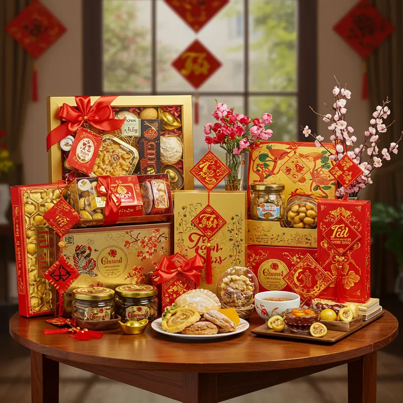 Bộ quà Tết sang trọng với bánh, trà và các vật phẩm truyền thống, bày biện trang nhã.